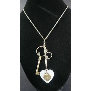 NW Key Heart Pendant Necklace Silver Tone Resin Rhinestone Costume Jewelry 18in